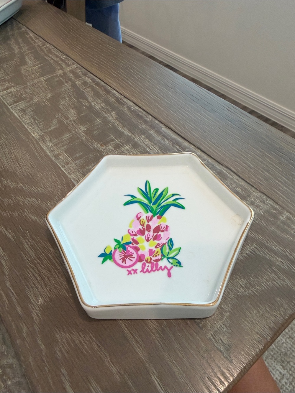 Lilly Pulitzer White Hexagonal Trinket Tray with Pink & Green Pineapple Motif